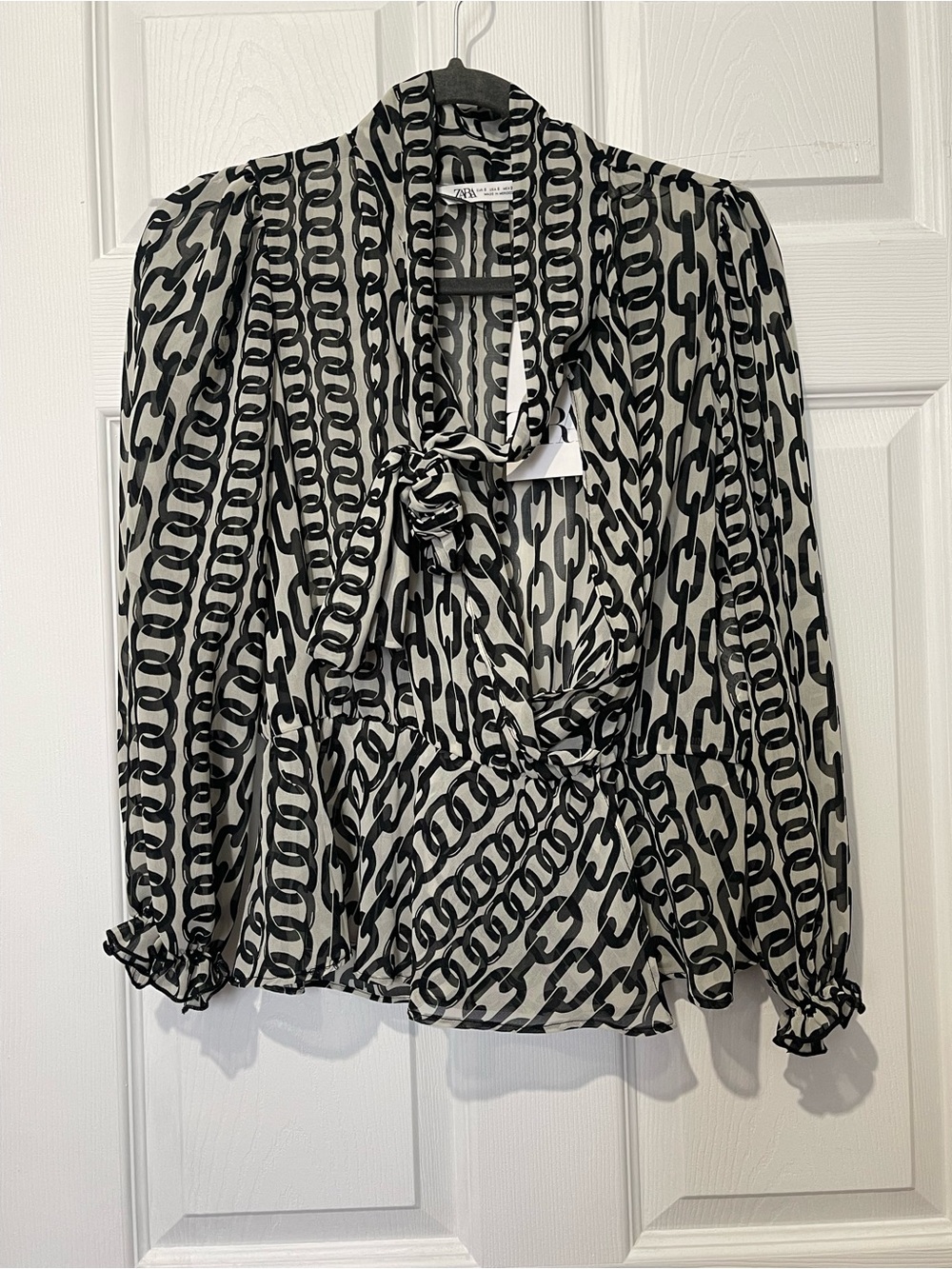 Zara Black and White Chain-Print Tie-Neck Blouse